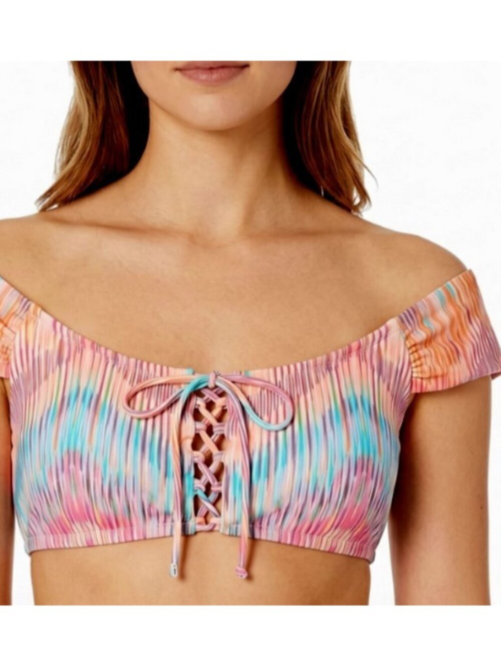 Raisins Junior Island Bra Bikini Top L Multicolor Off Shoulder Lace Up Flounce